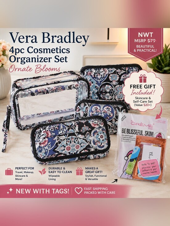 Vera Bradley Handbags - Vera Bradley Navy Floral Toiletry Organizer Set with Pink Accents